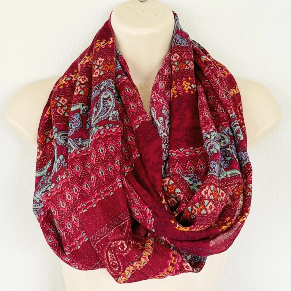 Belle du Jour maroon blue boho paisley print lightweight infinity scarf